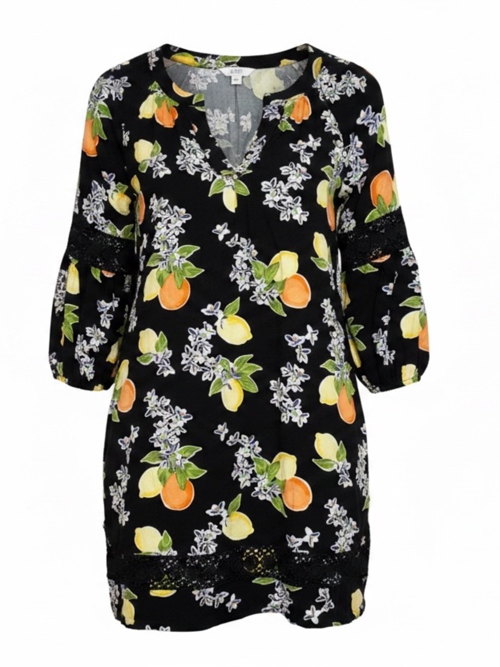 crown & ivy Black Midi Dress with Yellow and Orange Citrus Print